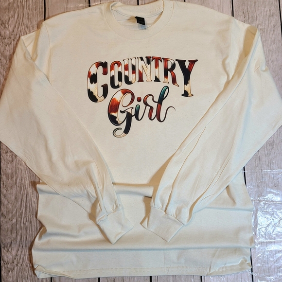 COUNTRY Girl Long Sleeve Shirt – Cow Print Graphic Tee, Western Boho Rural Style - Picture 3 of 11